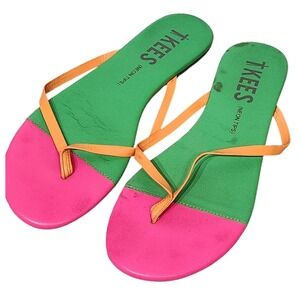 TKEES‎ neon tips Colorblock leather pink green & orange flip flop sandals size 8